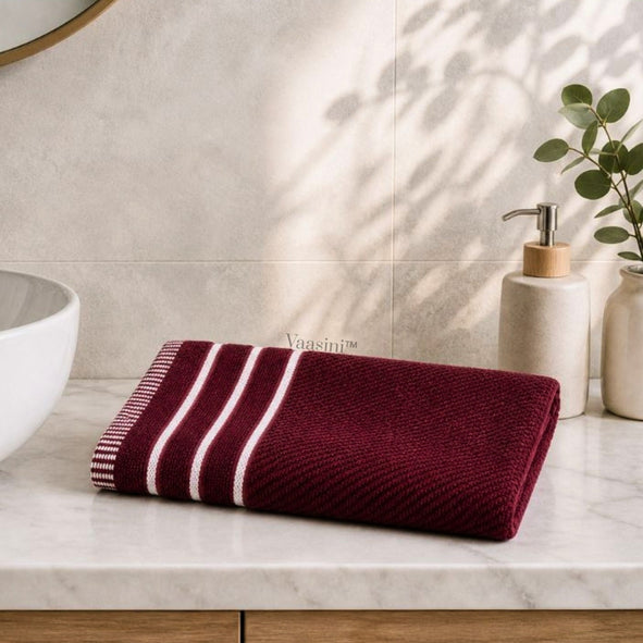 Terry Cotton Ultra Soft 400 GSM Solid Burgundy Hand Towel with Striped Border