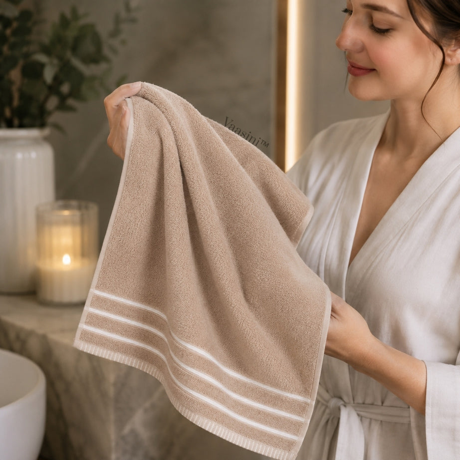 Terry Cotton Ultra Soft 400 GSM Solid Beige Hand Towel with Striped Border