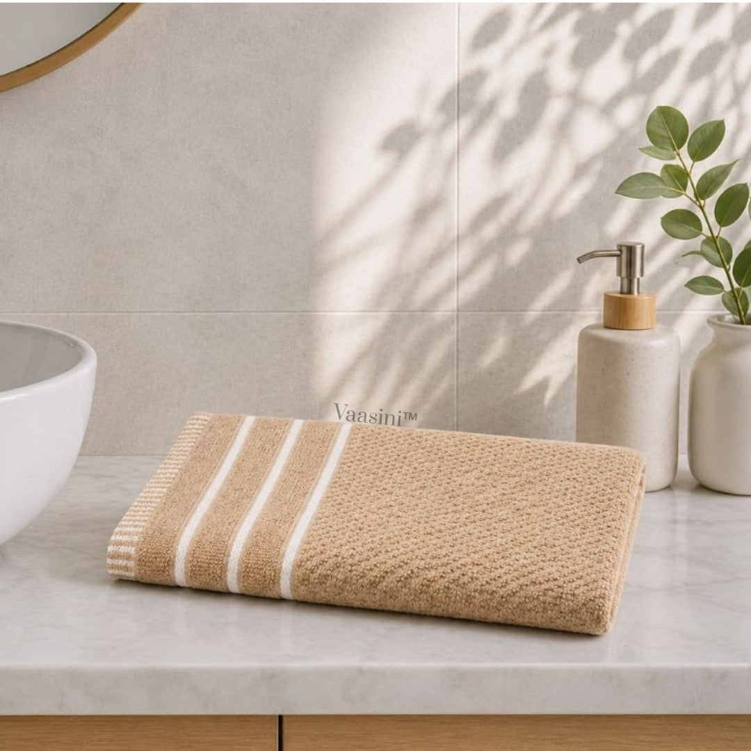 Terry Cotton Ultra Soft 400 GSM Solid Beige Hand Towel with Striped Border
