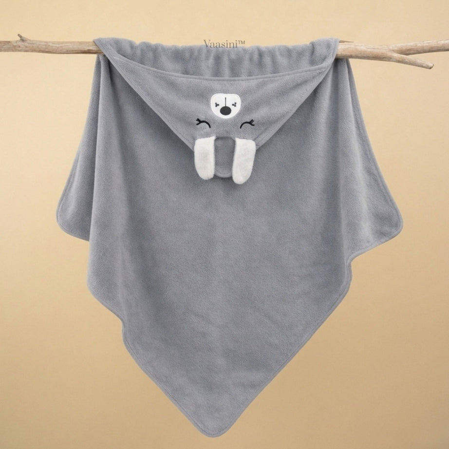 Vaasini Cartoon Face Embroidery Hooded Baby Bath Towel Soft Absorbent Quick Dry Grey