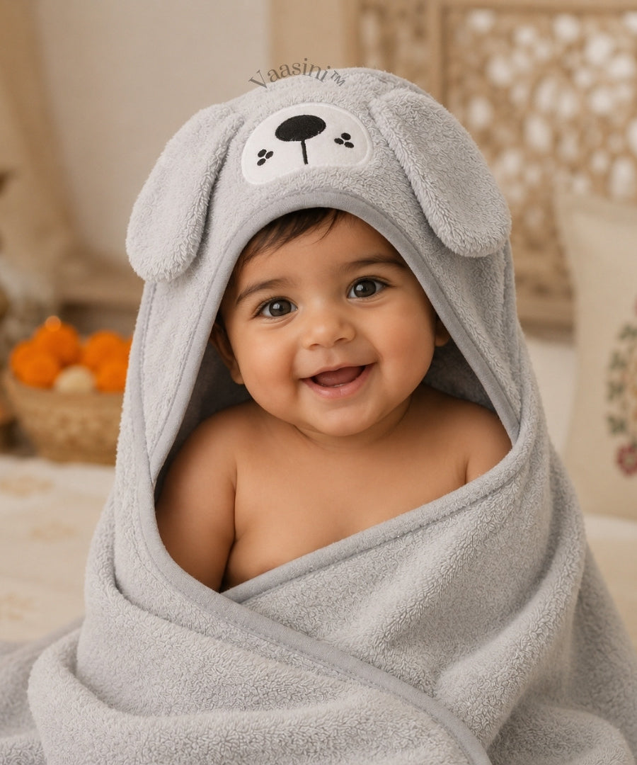 Vaasini Cartoon Face Embroidery Hooded Baby Bath Towel Soft Absorbent Quick Dry Grey