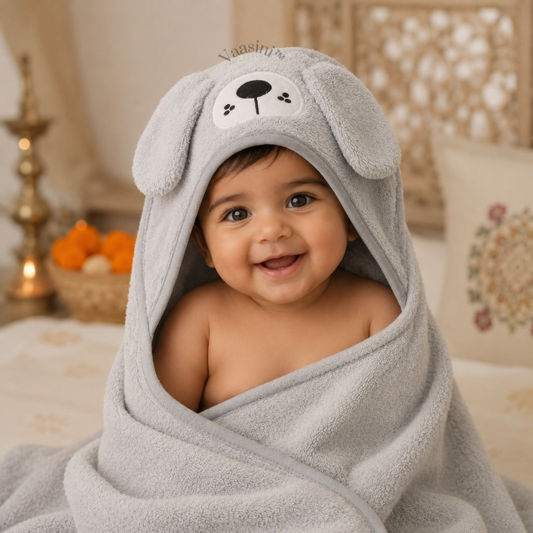 Vaasini Cartoon Face Embroidery Hooded Baby Bath Towel Soft Absorbent Quick Dry Grey