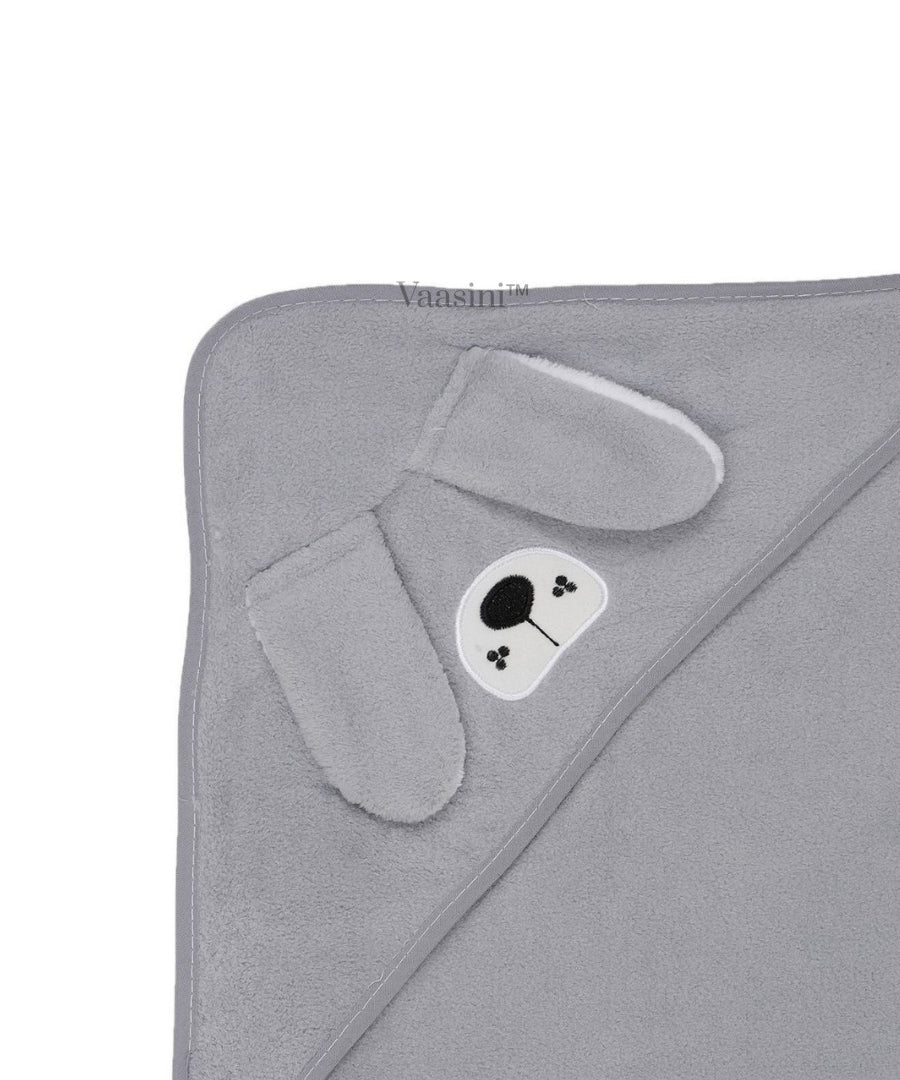 Vaasini Cartoon Face Embroidery Hooded Baby Bath Towel Soft Absorbent Quick Dry Grey
