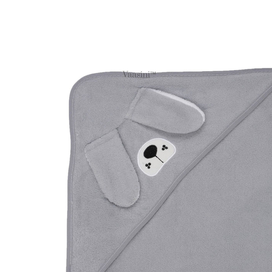 Vaasini Cartoon Face Embroidery Hooded Baby Bath Towel Soft Absorbent Quick Dry Grey