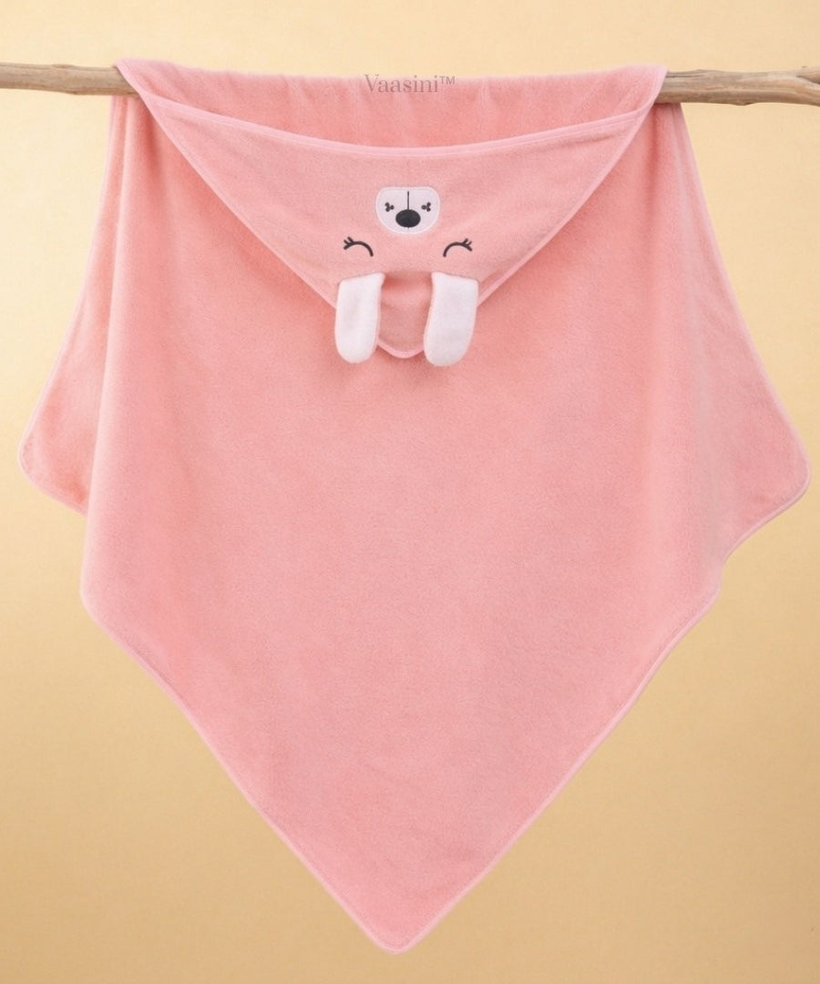 Vaasini Cartoon Face Embroidery Hooded Baby Bath Towel Soft Absorbent Quick Dry Baby Pink