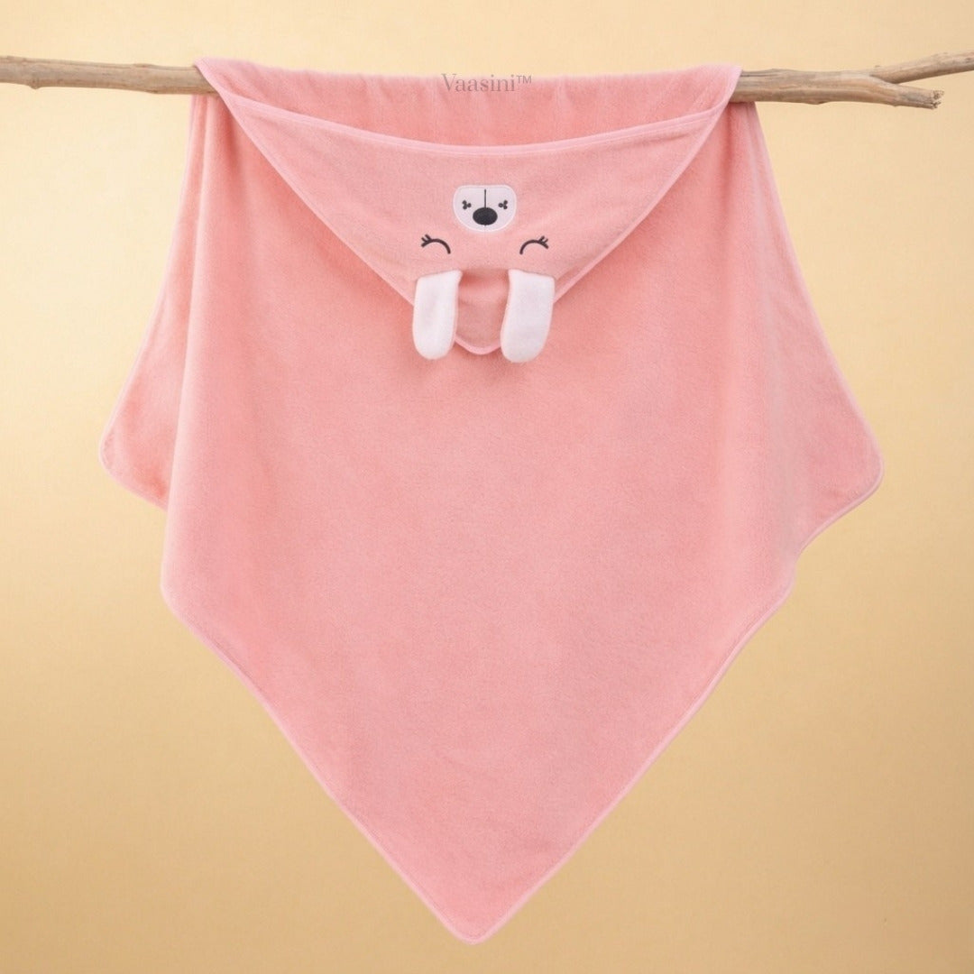 Vaasini Cartoon Face Embroidery Hooded Baby Bath Towel Soft Absorbent Quick Dry Baby Pink