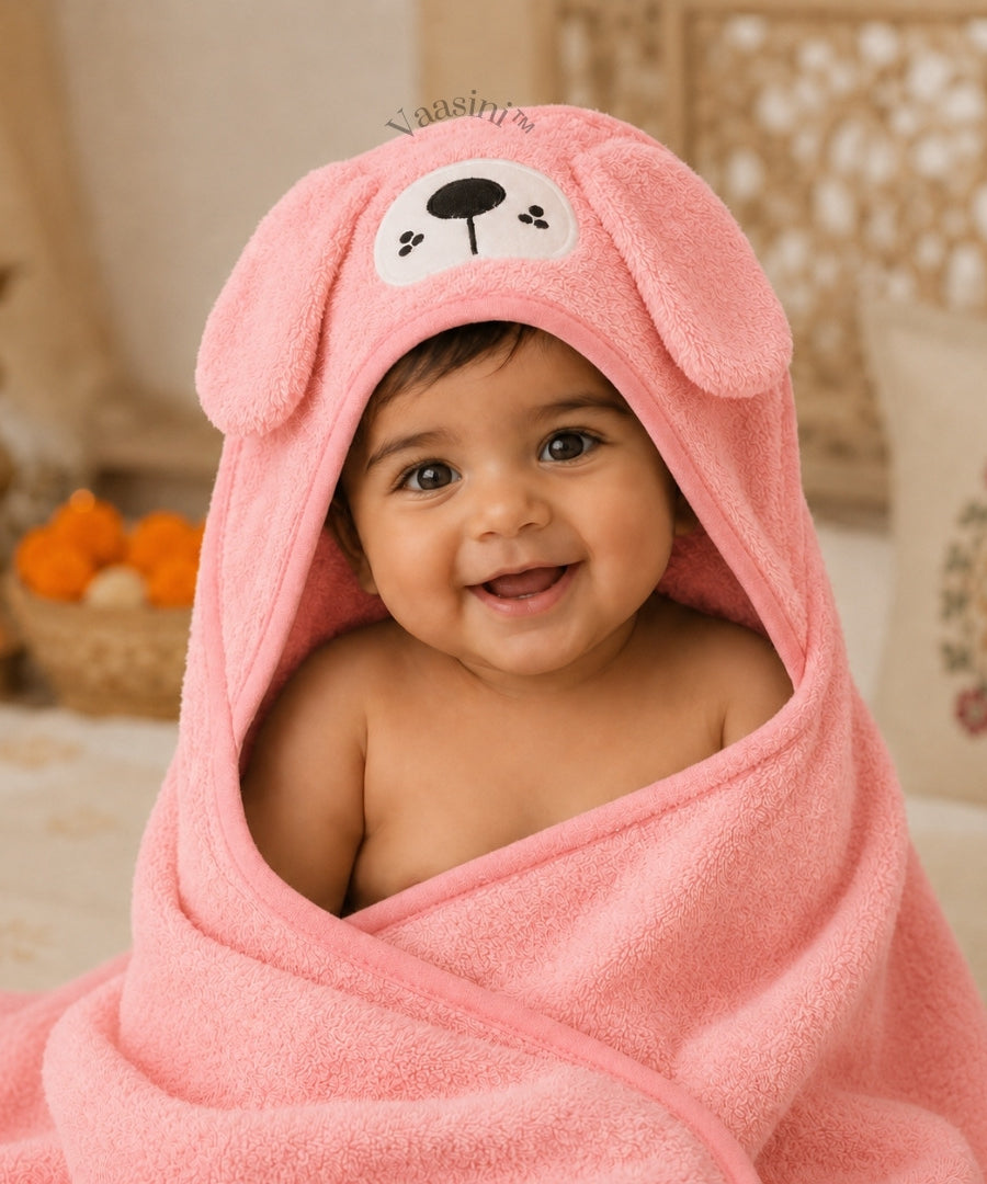 Vaasini Cartoon Face Embroidery Hooded Baby Bath Towel Soft Absorbent Quick Dry Baby Pink