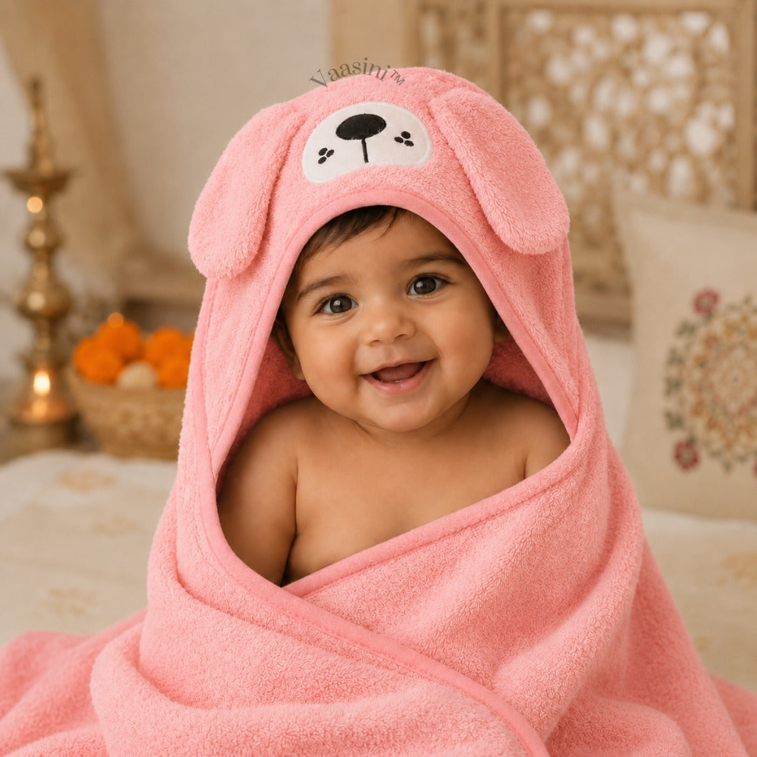 Vaasini Cartoon Face Embroidery Hooded Baby Bath Towel Soft Absorbent Quick Dry Baby Pink