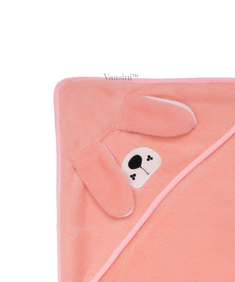 Vaasini Cartoon Face Embroidery Hooded Baby Bath Towel Soft Absorbent Quick Dry Baby Pink