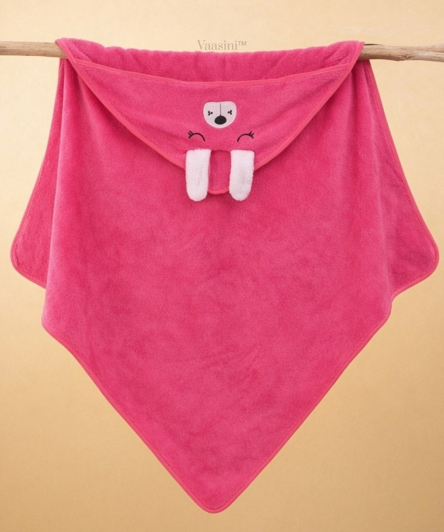 Vaasini Cartoon Face Embroidery Hooded Baby Bath Towel Soft Absorbent Quick Dry Hot Pink