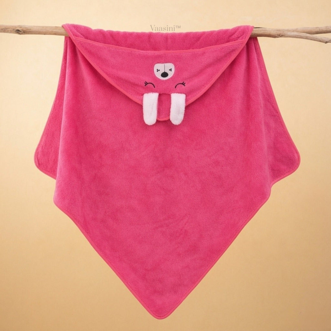 Vaasini Cartoon Face Embroidery Hooded Baby Bath Towel Soft Absorbent Quick Dry Hot Pink