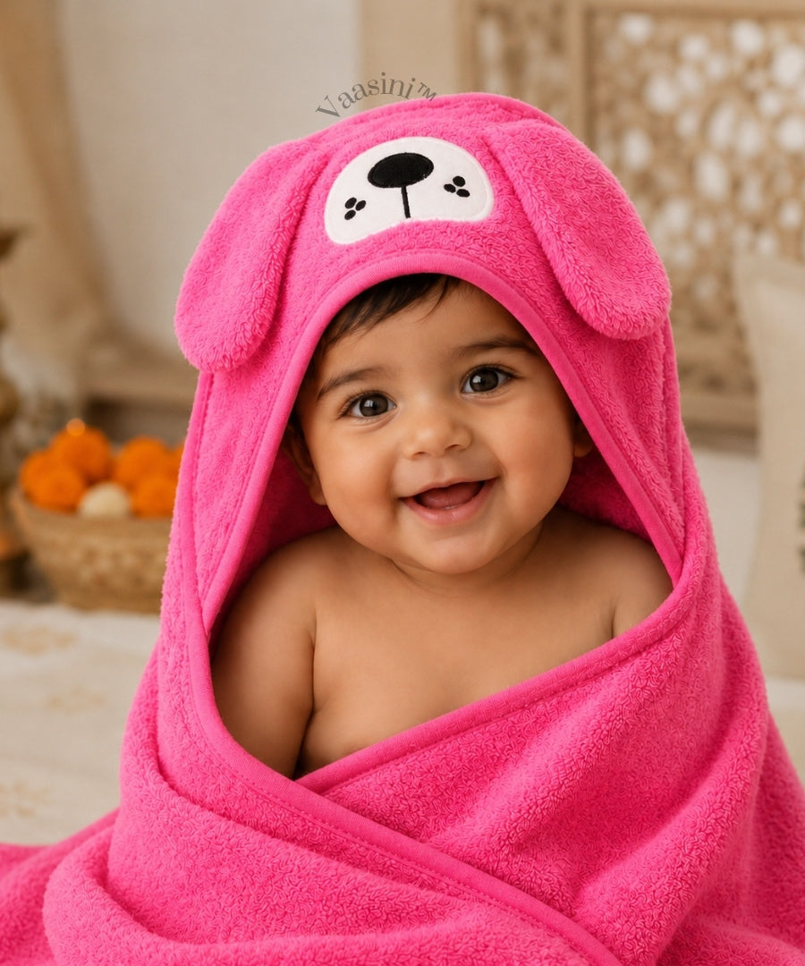 Vaasini Cartoon Face Embroidery Hooded Baby Bath Towel Soft Absorbent Quick Dry Hot Pink