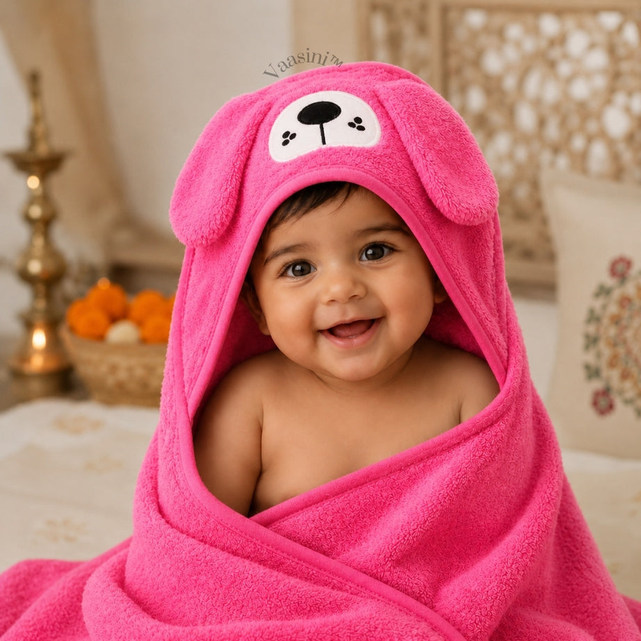 Vaasini Cartoon Face Embroidery Hooded Baby Bath Towel Soft Absorbent Quick Dry Hot Pink