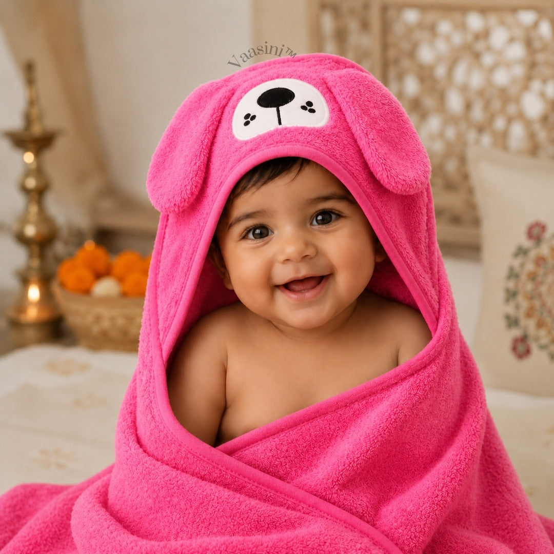 Vaasini Cartoon Face Embroidery Hooded Baby Bath Towel Soft Absorbent Quick Dry Hot Pink