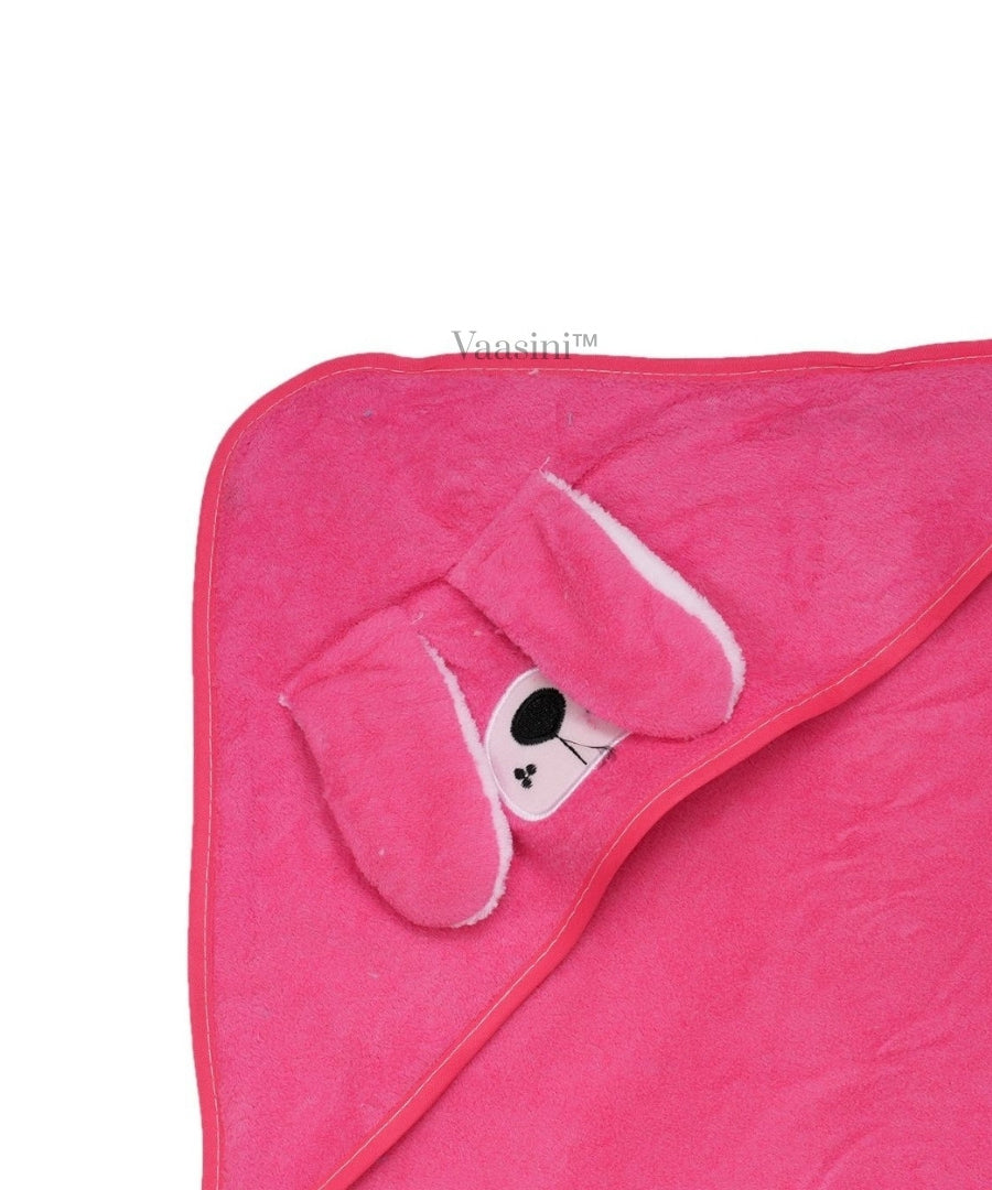 Vaasini Cartoon Face Embroidery Hooded Baby Bath Towel Soft Absorbent Quick Dry Hot Pink