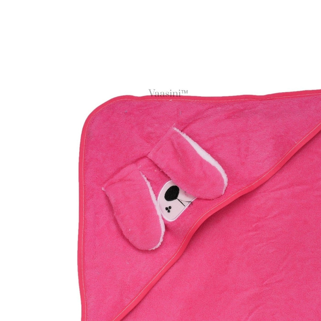 Vaasini Cartoon Face Embroidery Hooded Baby Bath Towel Soft Absorbent Quick Dry Hot Pink