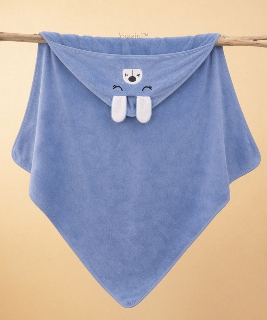 Vaasini Cartoon Face Embroidery Hooded Baby Bath Towel Soft Absorbent Quick Dry Powder Blue
