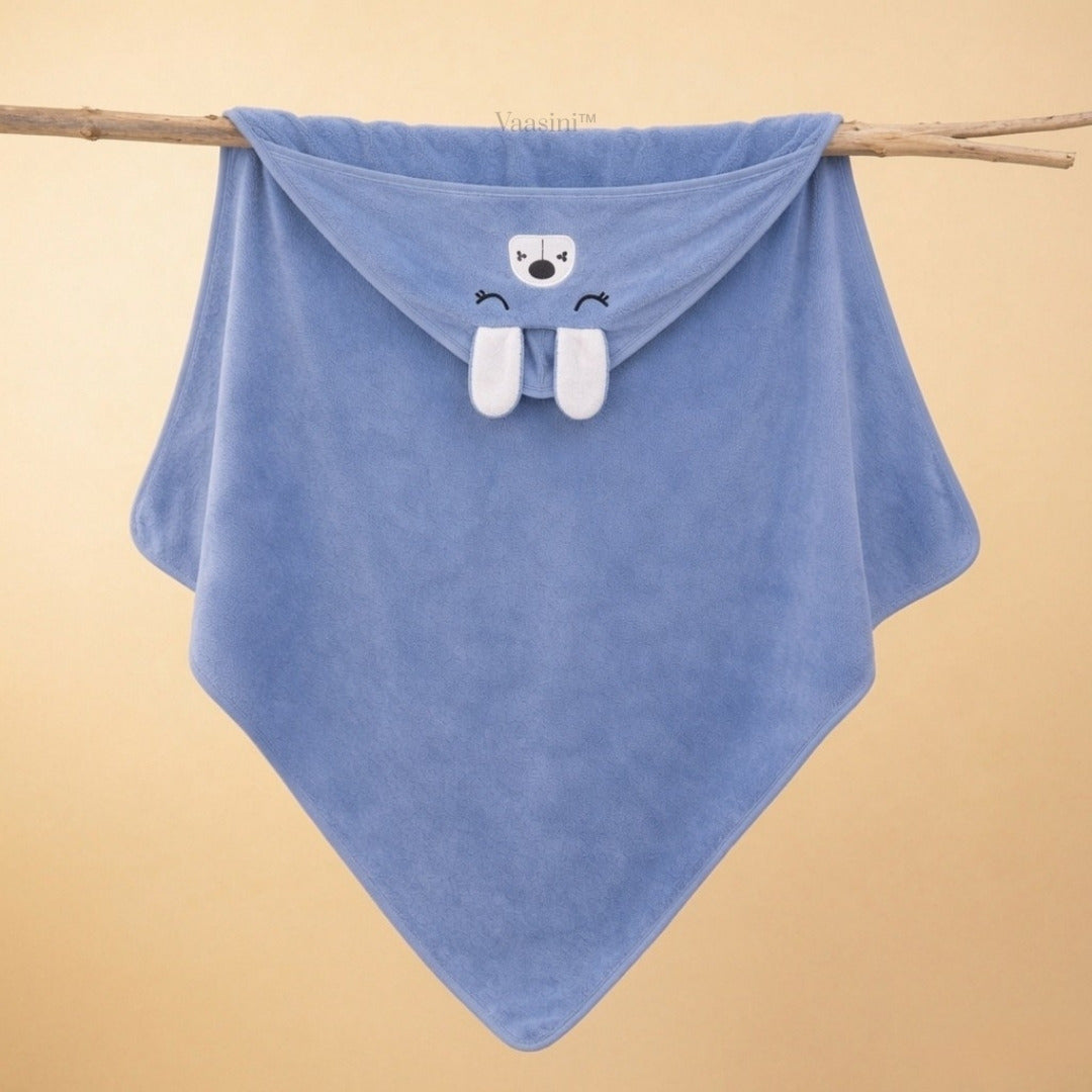 Vaasini Cartoon Face Embroidery Hooded Baby Bath Towel Soft Absorbent Quick Dry Powder Blue
