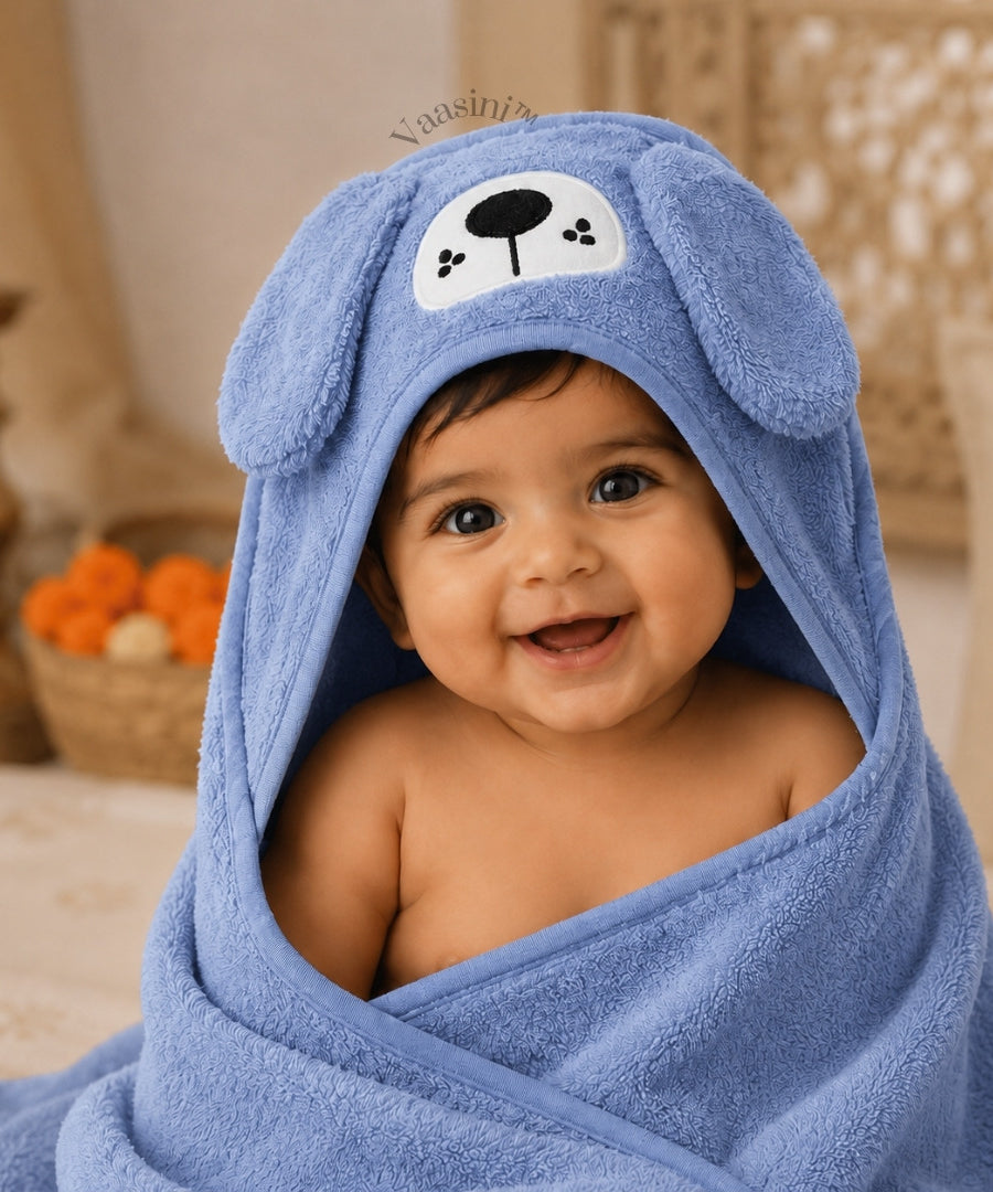 Vaasini Cartoon Face Embroidery Hooded Baby Bath Towel Soft Absorbent Quick Dry Powder Blue