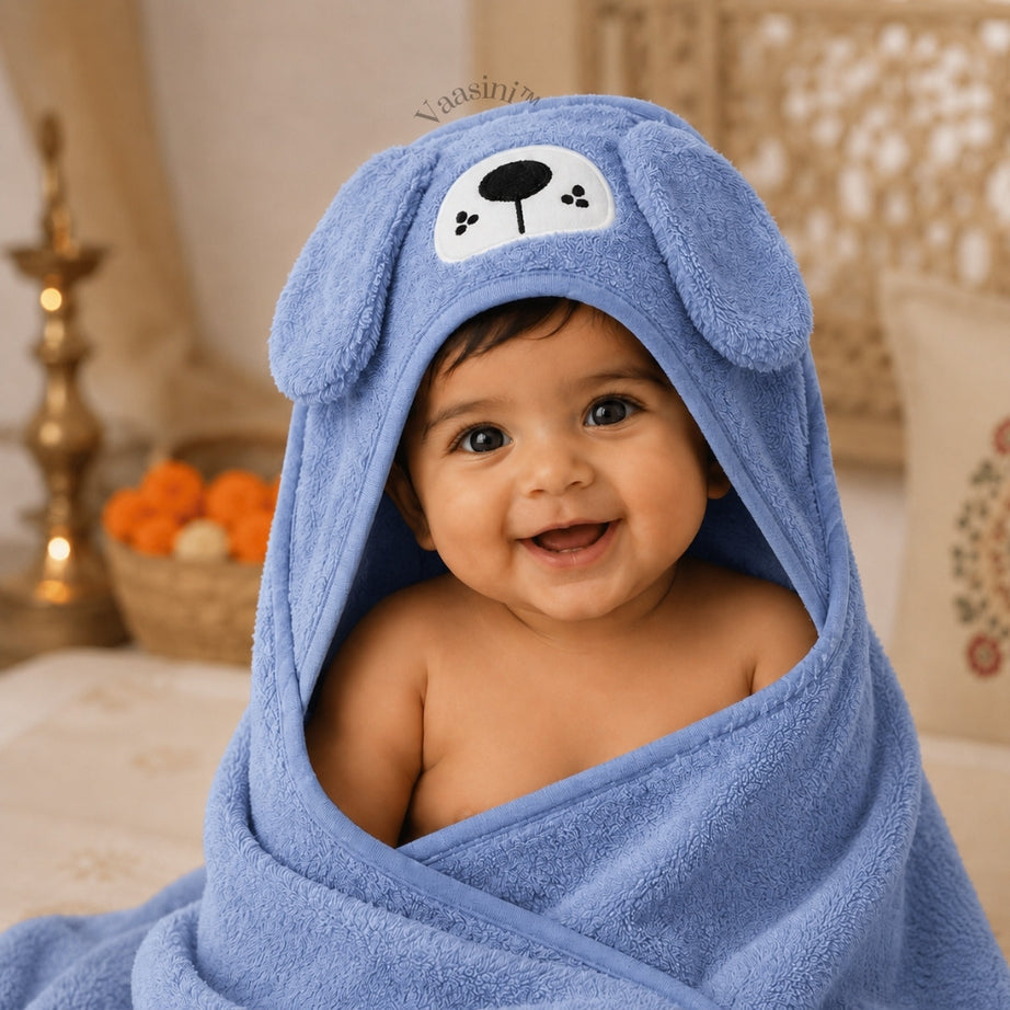 Vaasini Cartoon Face Embroidery Hooded Baby Bath Towel Soft Absorbent Quick Dry Powder Blue
