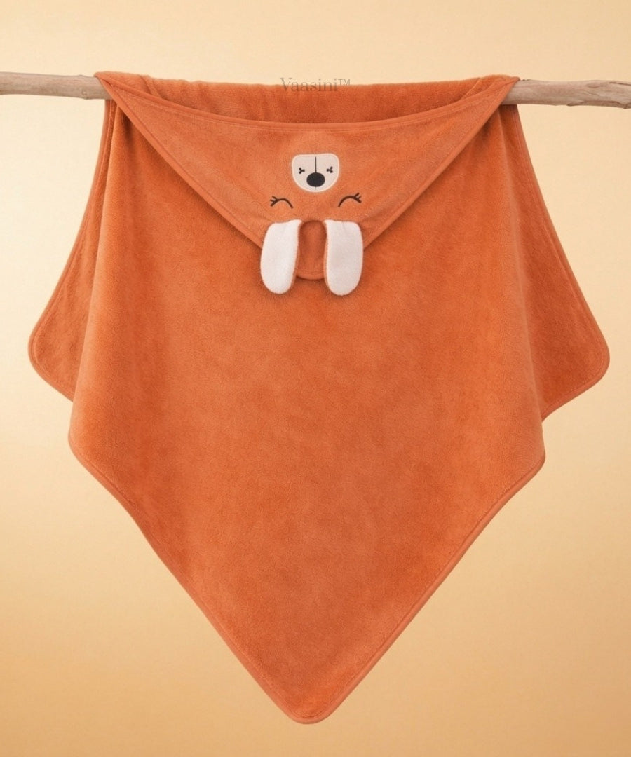 Vaasini Cartoon Face Embroidery Hooded Baby Bath Towel Soft Absorbent Quick Dry Peach Orange