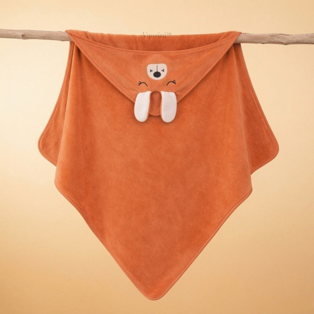 Vaasini Cartoon Face Embroidery Hooded Baby Bath Towel Soft Absorbent Quick Dry Peach Orange