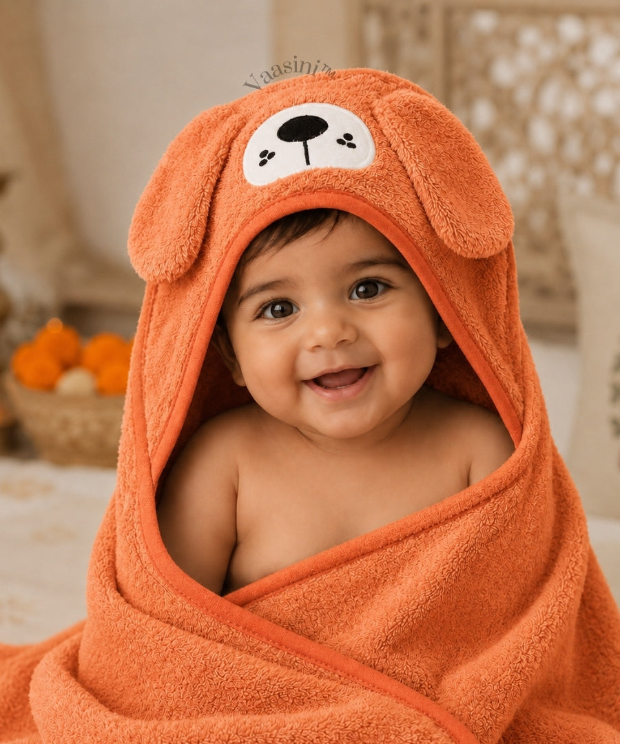 Vaasini Cartoon Face Embroidery Hooded Baby Bath Towel Soft Absorbent Quick Dry Peach Orange