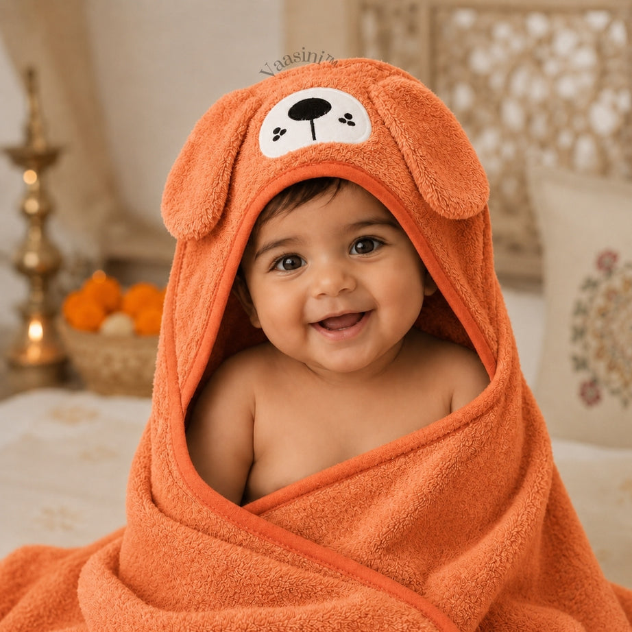 Vaasini Cartoon Face Embroidery Hooded Baby Bath Towel Soft Absorbent Quick Dry Peach Orange