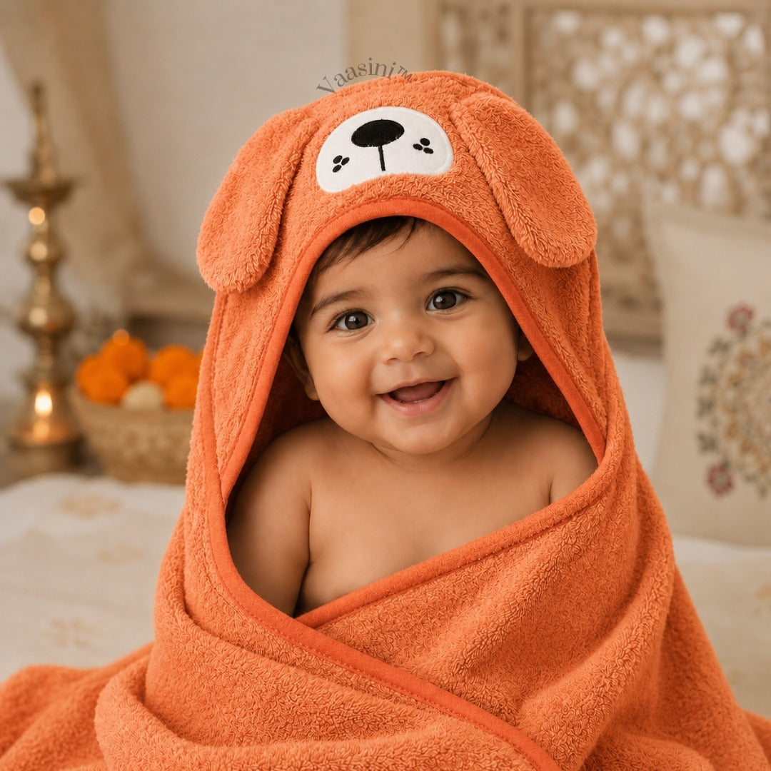Vaasini Cartoon Face Embroidery Hooded Baby Bath Towel Soft Absorbent Quick Dry Peach Orange