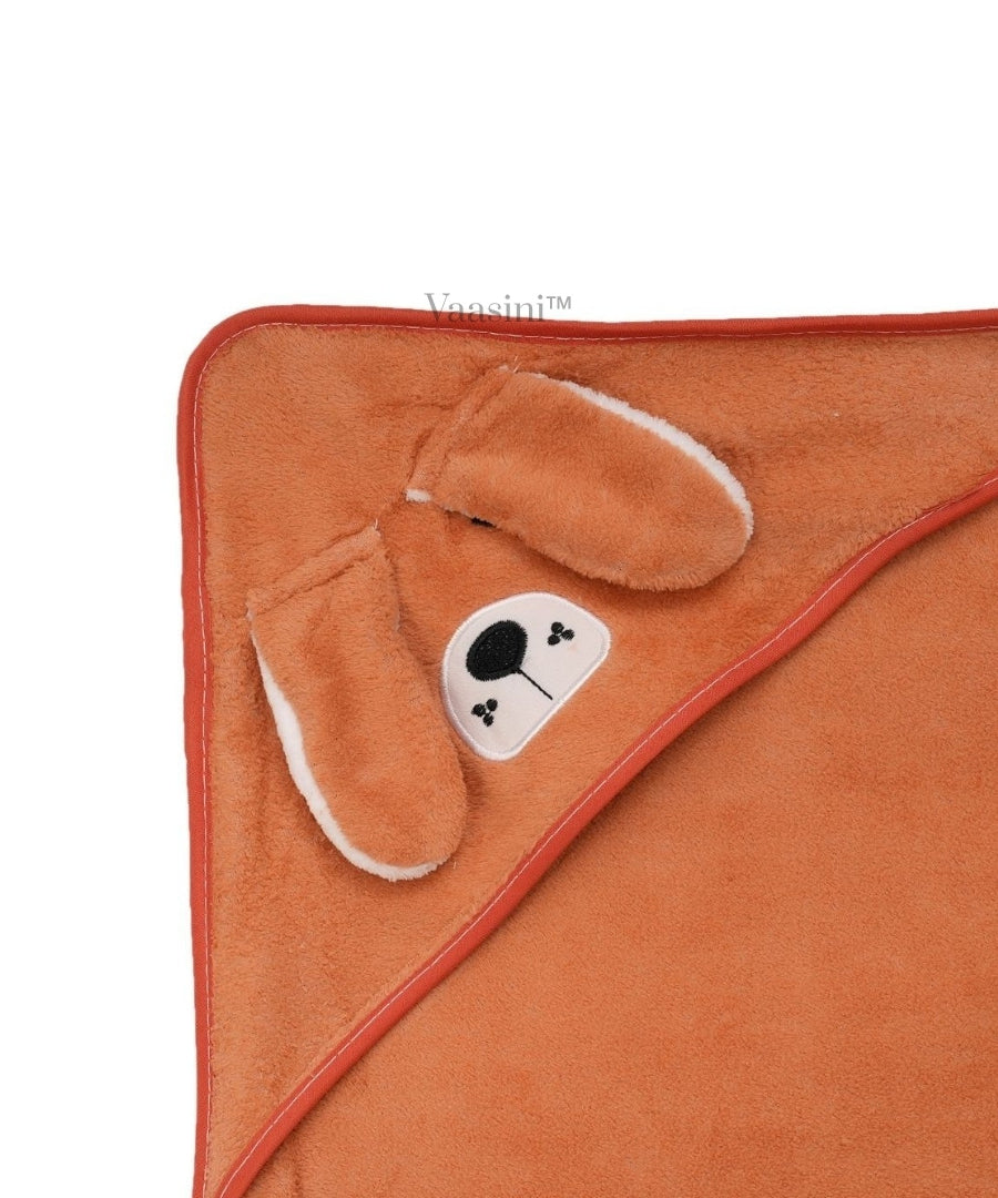 Vaasini Cartoon Face Embroidery Hooded Baby Bath Towel Soft Absorbent Quick Dry Peach Orange