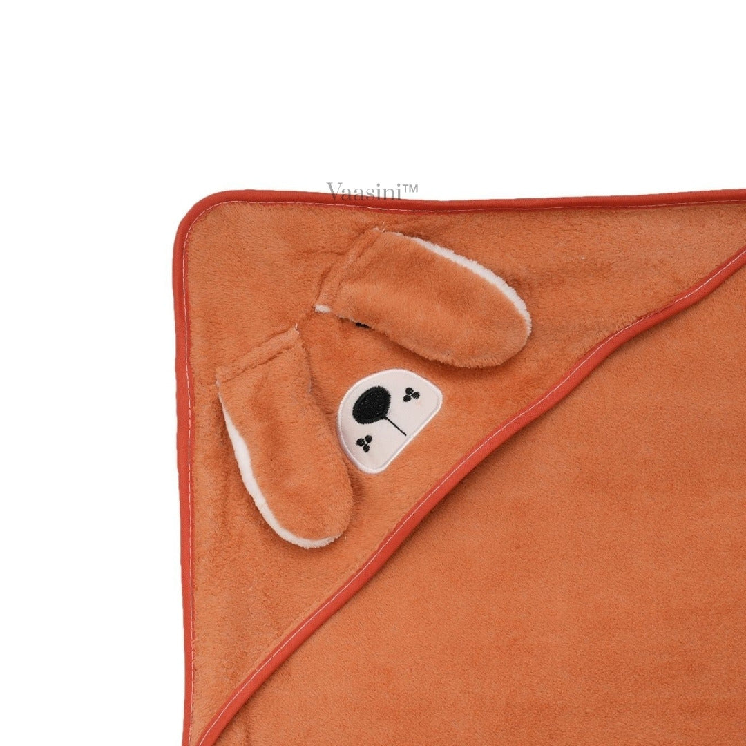 Vaasini Cartoon Face Embroidery Hooded Baby Bath Towel Soft Absorbent Quick Dry Peach Orange