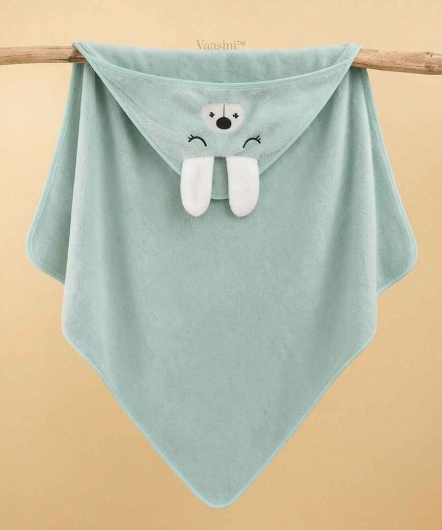 Vaasini Cartoon Face Embroidery Hooded Baby Bath Towel Soft Absorbent Quick Dry Mint Green