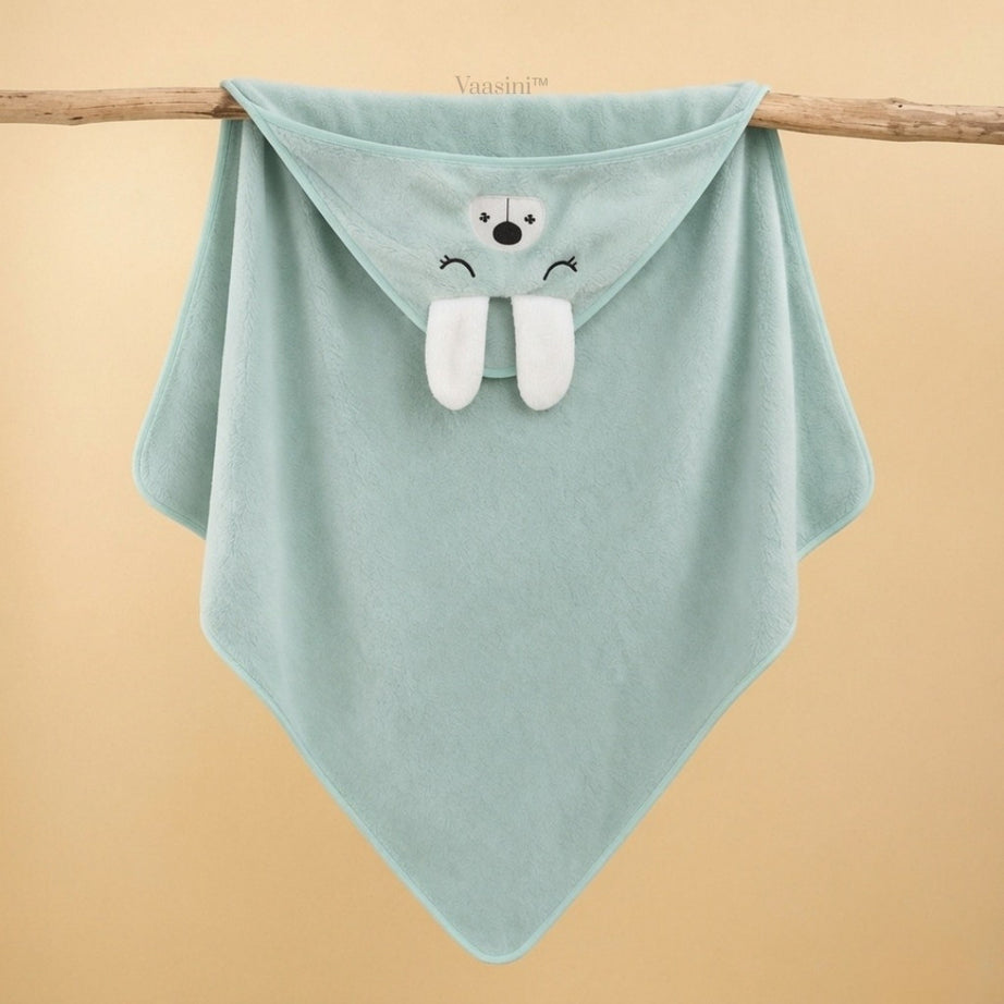 Vaasini Cartoon Face Embroidery Hooded Baby Bath Towel Soft Absorbent Quick Dry Mint Green
