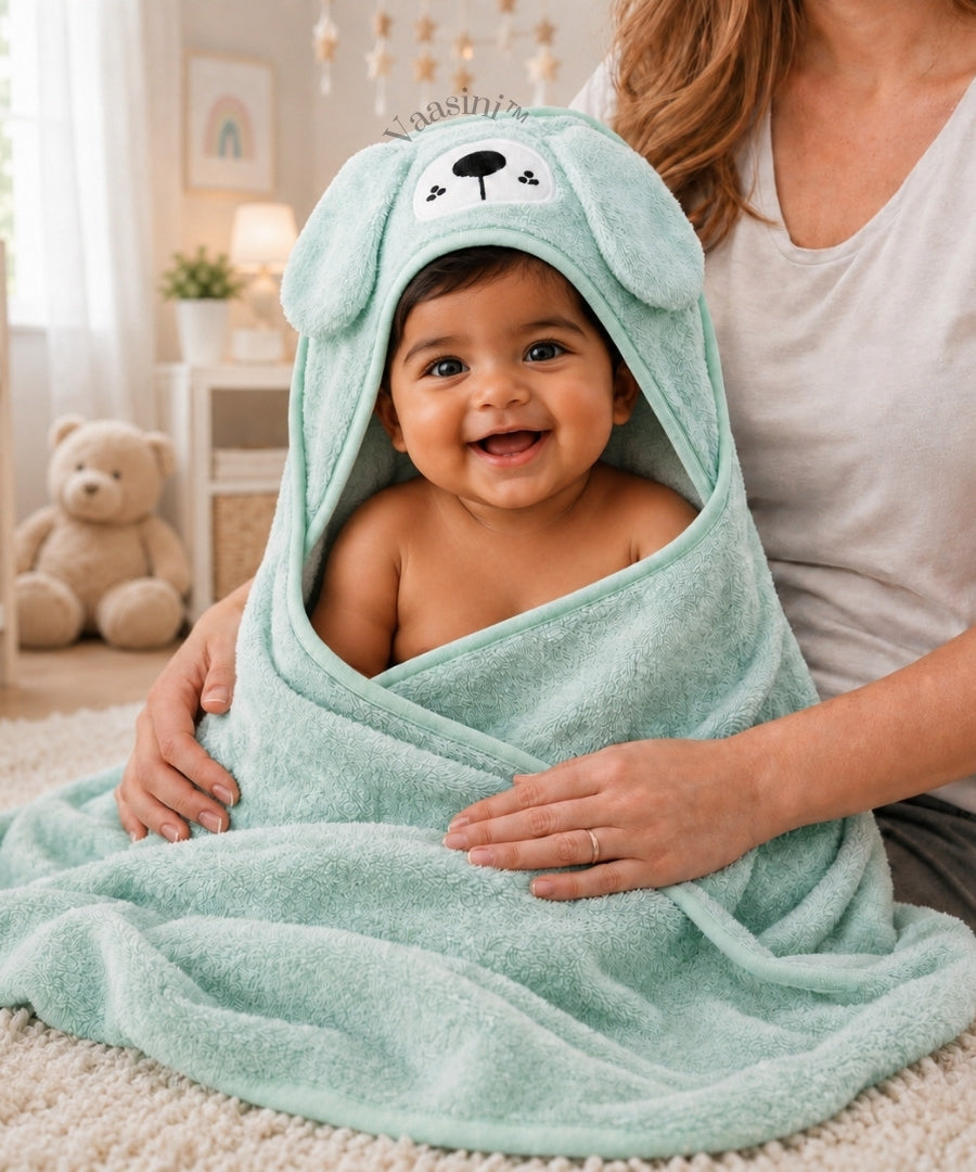 Vaasini Cartoon Face Embroidery Hooded Baby Bath Towel Soft Absorbent Quick Dry Mint Green