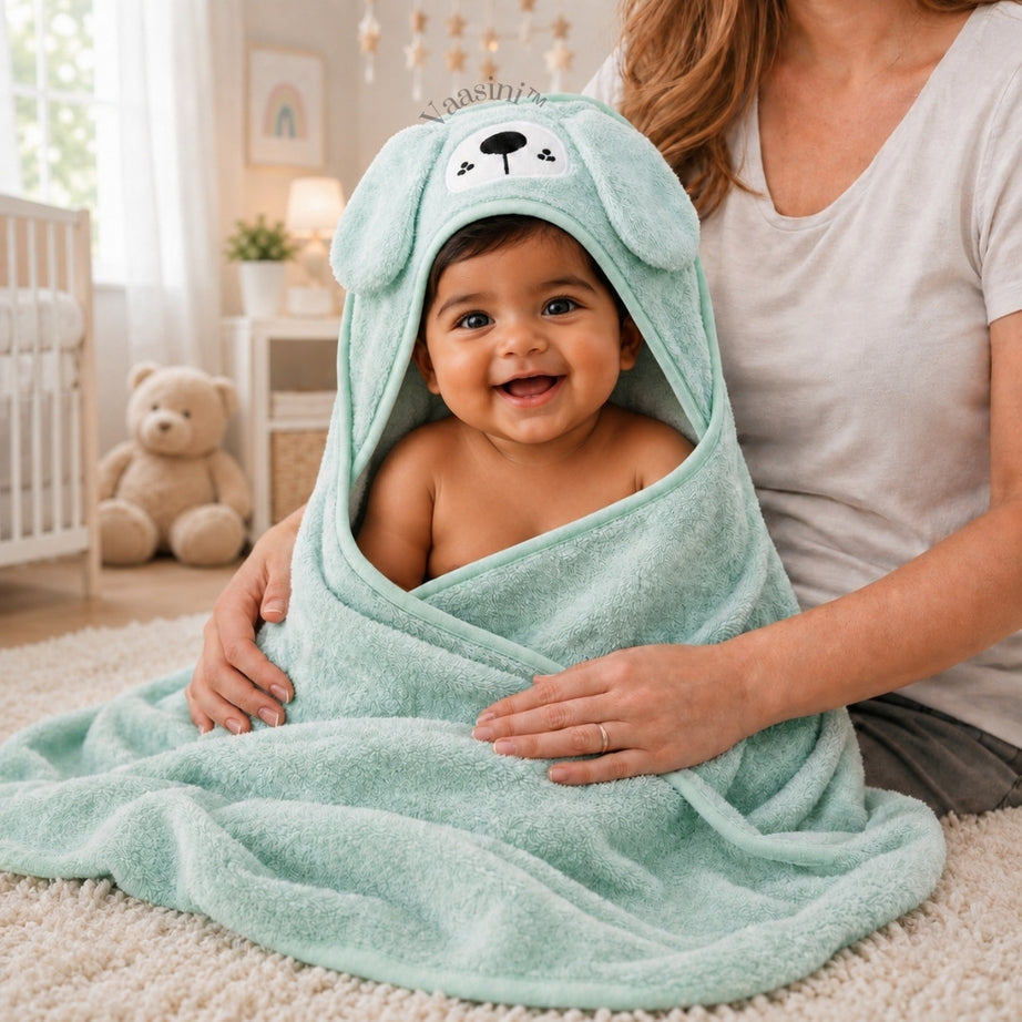 Vaasini Cartoon Face Embroidery Hooded Baby Bath Towel Soft Absorbent Quick Dry Mint Green