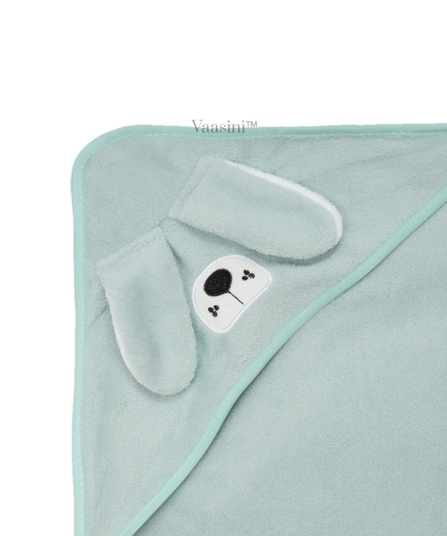 Vaasini Cartoon Face Embroidery Hooded Baby Bath Towel Soft Absorbent Quick Dry Mint Green