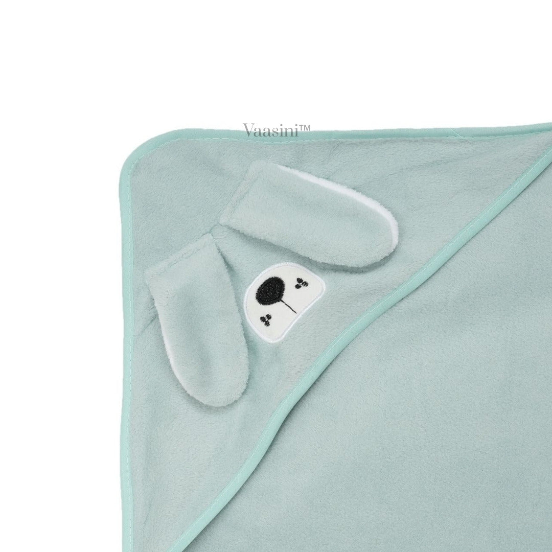 Vaasini Cartoon Face Embroidery Hooded Baby Bath Towel Soft Absorbent Quick Dry Mint Green