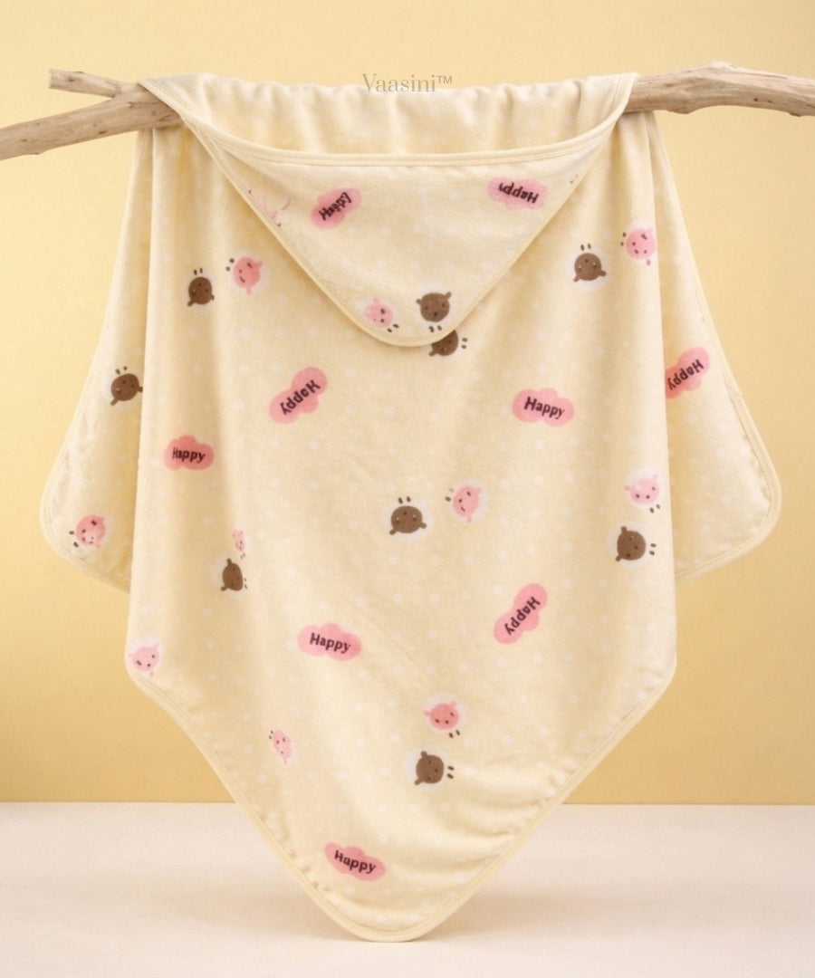 Vaasini Teddy Bear & Happy Print Hooded Baby Bath Towel Soft Plush Quick Dry Cream