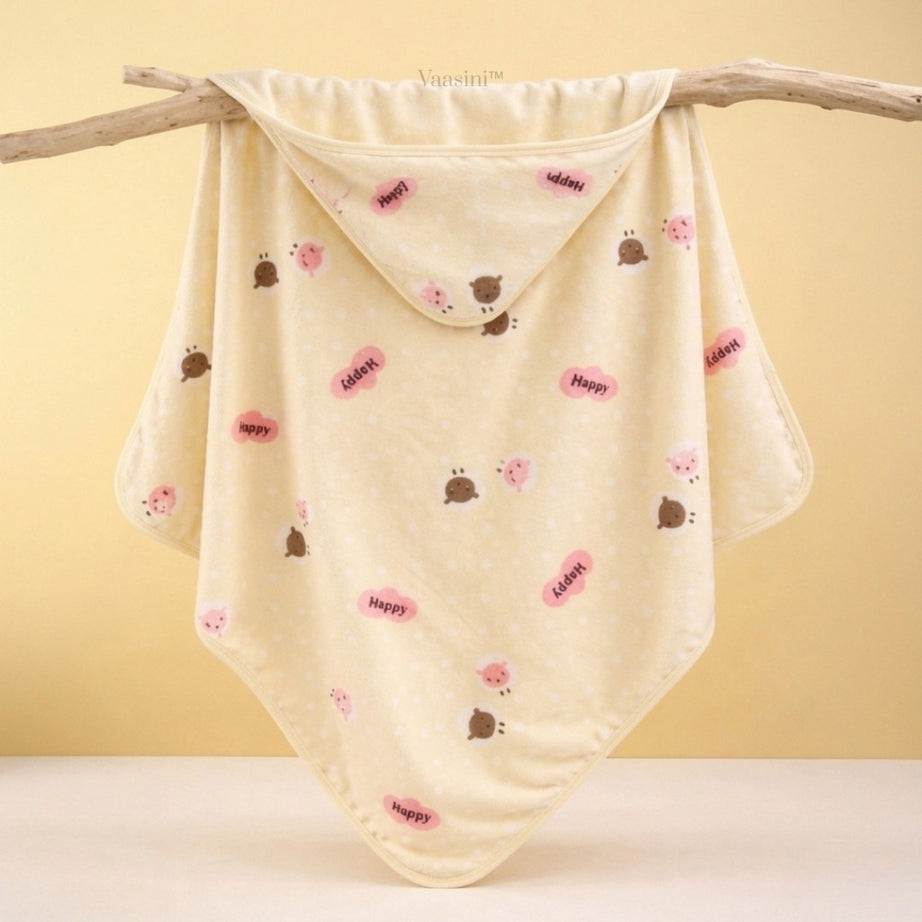 Vaasini Teddy Bear & Happy Print Hooded Baby Bath Towel Soft Plush Quick Dry Cream