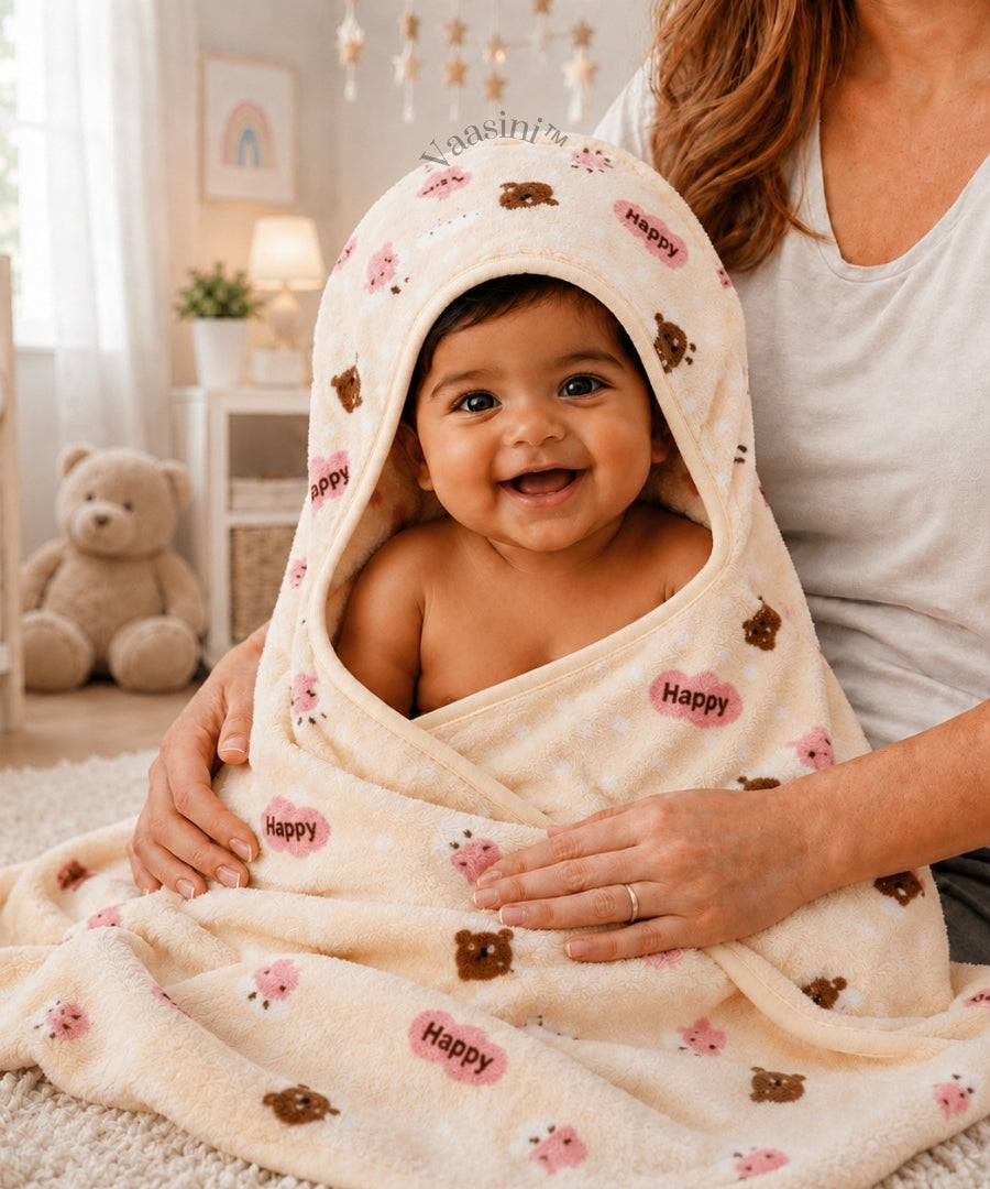 Vaasini Teddy Bear & Happy Print Hooded Baby Bath Towel Soft Plush Quick Dry Cream