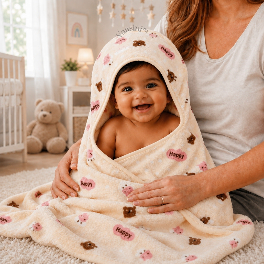 Vaasini Teddy Bear & Happy Print Hooded Baby Bath Towel Soft Plush Quick Dry Cream