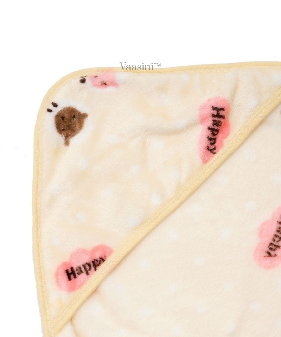 Vaasini Teddy Bear & Happy Print Hooded Baby Bath Towel Soft Plush Quick Dry Cream