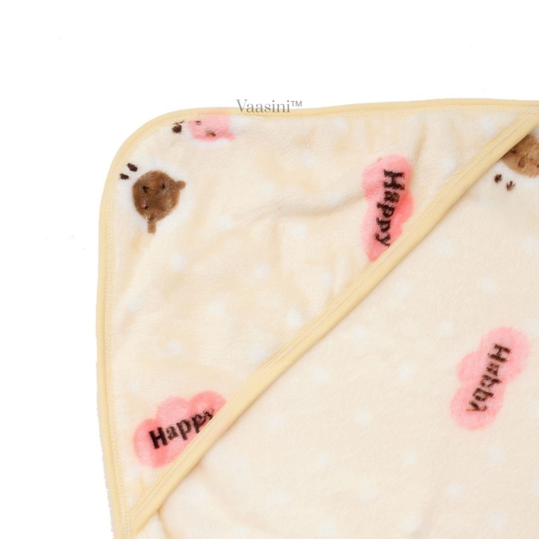 Vaasini Teddy Bear & Happy Print Hooded Baby Bath Towel Soft Plush Quick Dry Cream