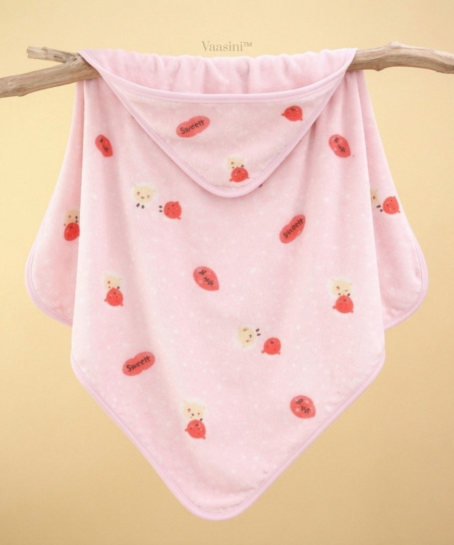 Vaasini Happy Bear Print Hooded Baby Bath Towel Soft Plush Quick Dry Baby Pink