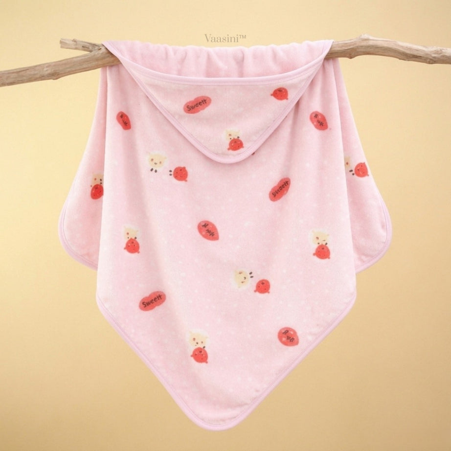 Vaasini Happy Bear Print Hooded Baby Bath Towel Soft Plush Quick Dry Baby Pink