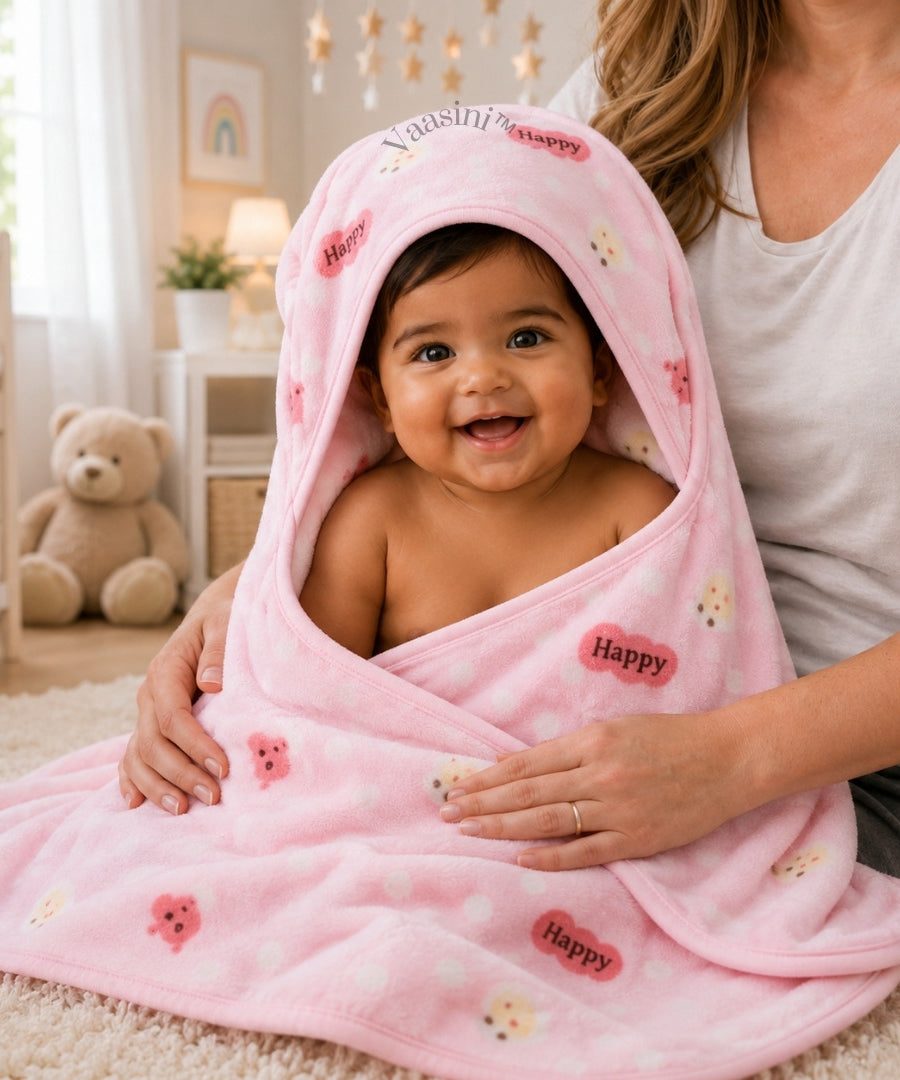 Vaasini Happy Bear Print Hooded Baby Bath Towel Soft Plush Quick Dry Baby Pink