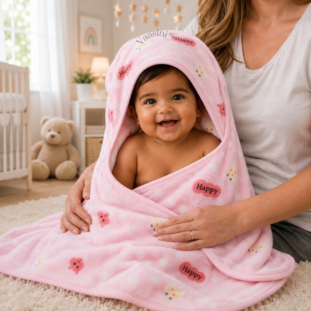 Vaasini Happy Bear Print Hooded Baby Bath Towel Soft Plush Quick Dry Baby Pink