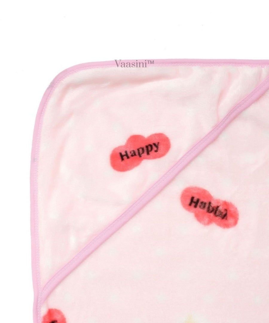 Vaasini Happy Bear Print Hooded Baby Bath Towel Soft Plush Quick Dry Baby Pink