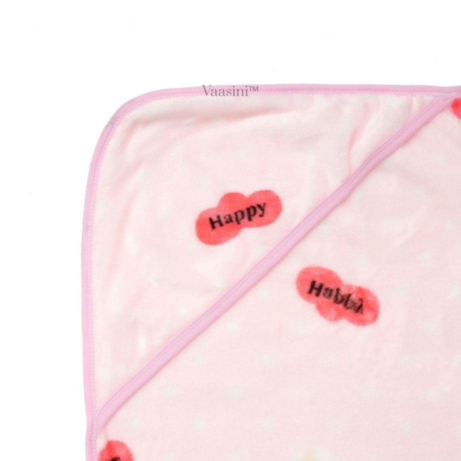 Vaasini Happy Bear Print Hooded Baby Bath Towel Soft Plush Quick Dry Baby Pink
