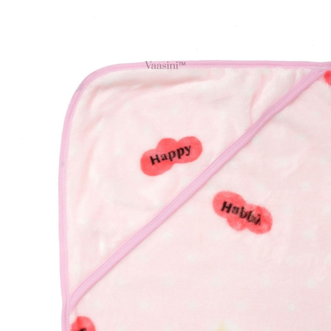 Vaasini Happy Bear Print Hooded Baby Bath Towel Soft Plush Quick Dry Baby Pink